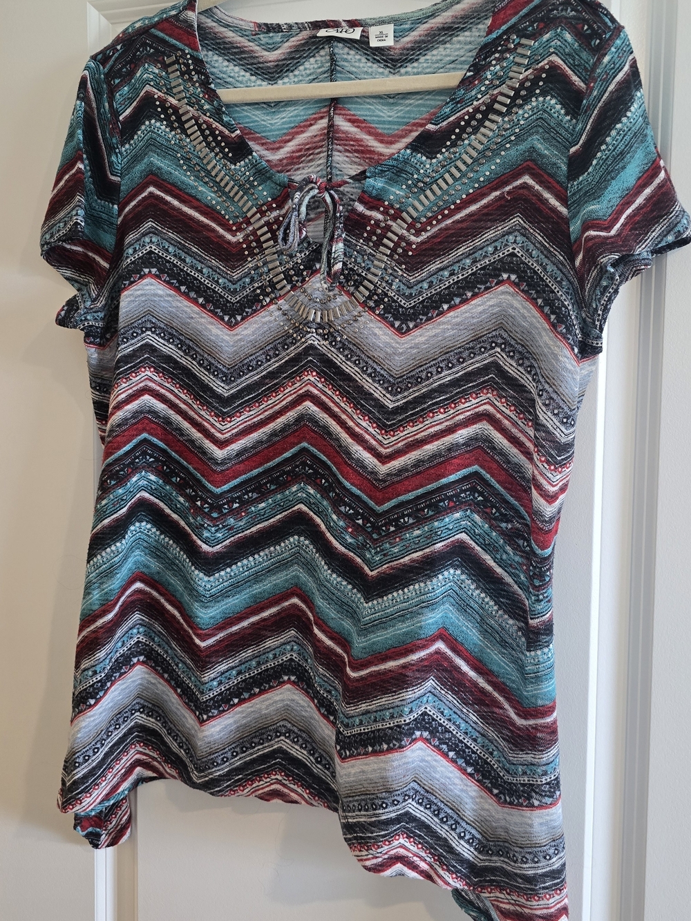 Cato Chevron Tie-Front Tunic in Teal, Burgundy & Black